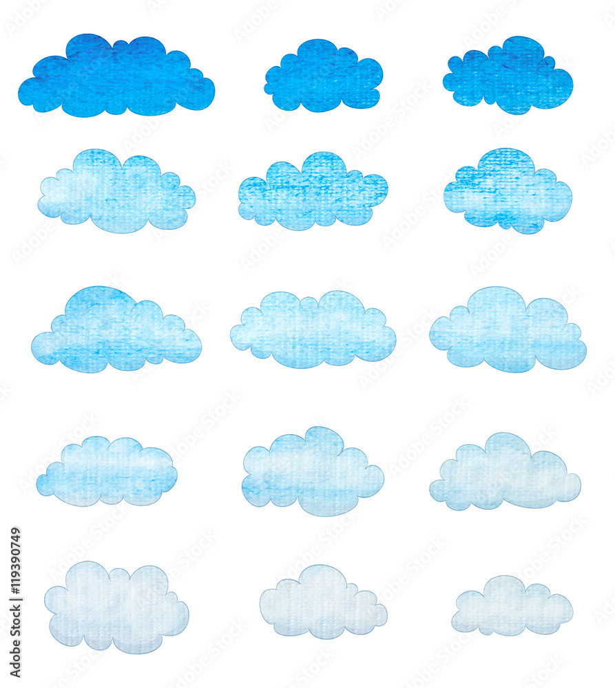 set of watercolor clouds on white background