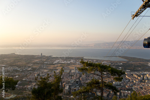 View of the cable car and izmir landscape in teleferik mountain balcova