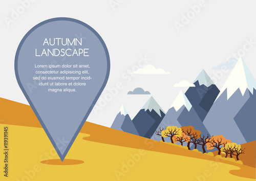 Autumn mountains landscape, vector background. Pin mapping mark with place for text. Nature background with golden fields, forest, mountains and travel marker. Travel and tourism concept.