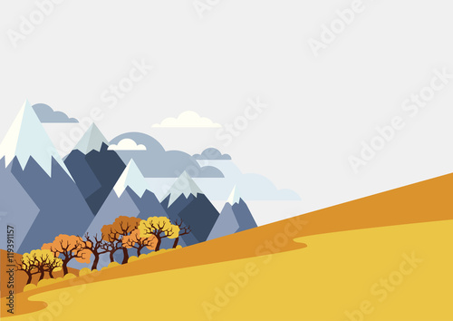 Autumn mountains landscape, vector background with place for text. Nature background with golden fields, forest and mountains. Travel and tourism concept.