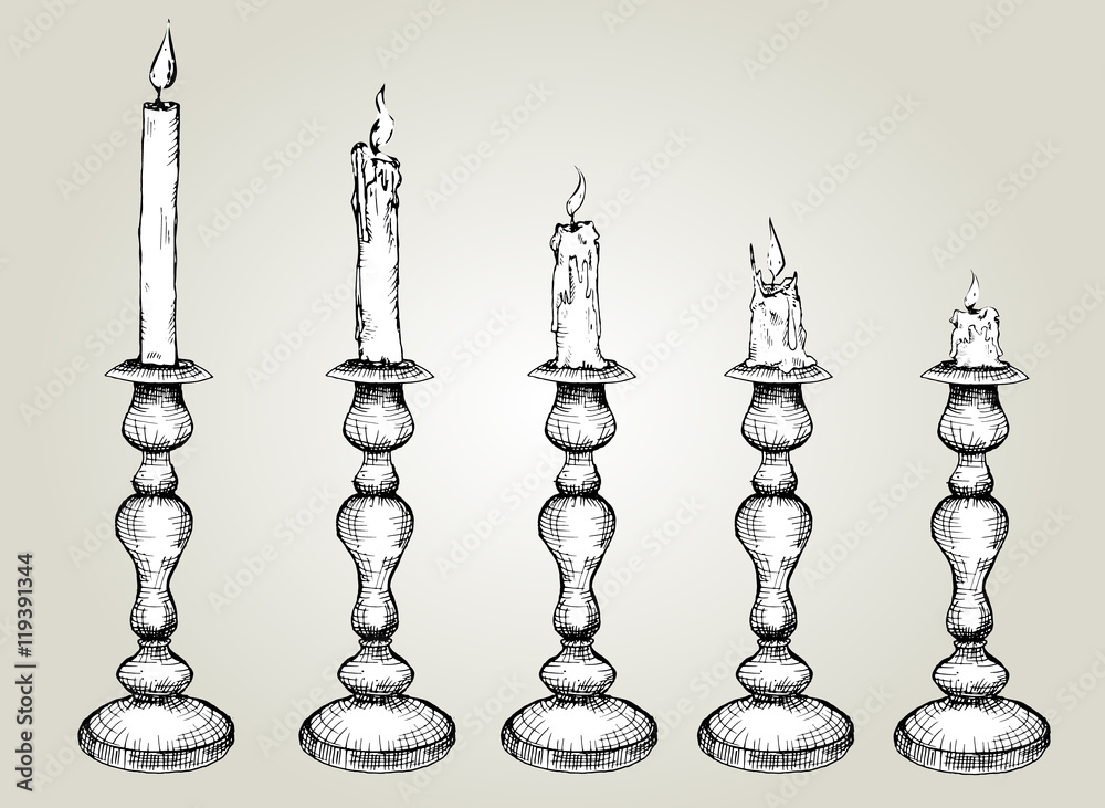 Vector Set of Sketch Candles in candlestick. Hand drawn Black and white ...