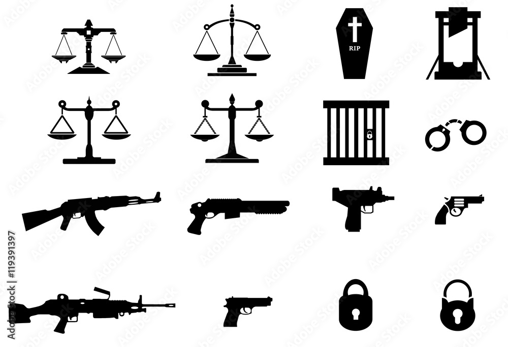 Fototapeta premium Justice, sécurité et arme à feu en 16 icônes