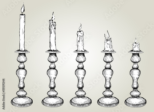  Vector Set of Sketch Candles in candlestick. Hand drawn Black and white illustration, Process of Candle Burning.isolated