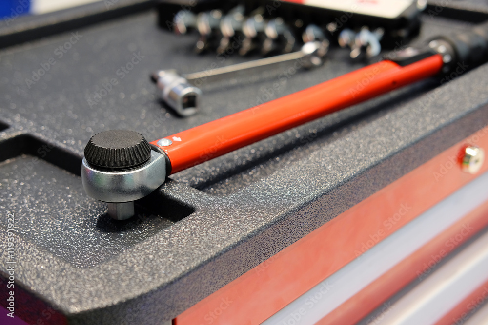 Tools on a tool's cart in a car repair station Tools on a tool's cart in a car repair station
