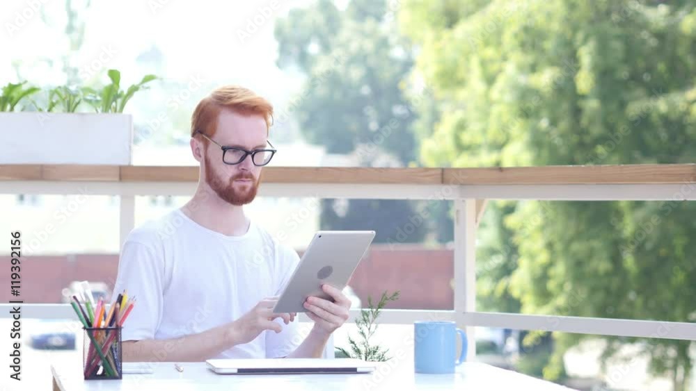 Using Tablet for Online Browsing, Balcony of Office Outdoor Using Tablet for Online Browsing, Balcony of Office Outdoor