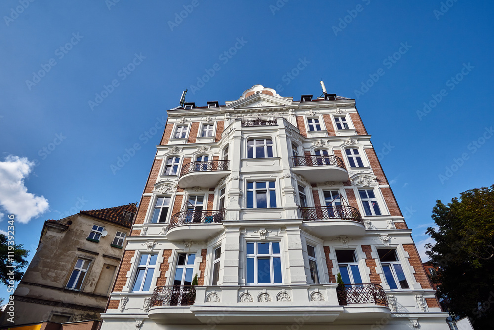 Obraz premium Art Nouveau facade of the building with balconies in Poznan.