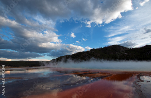 Grand Prismatic Spring at sunset in the Midway Geyser Basin in Yellowstone National Park in Wyoming United States