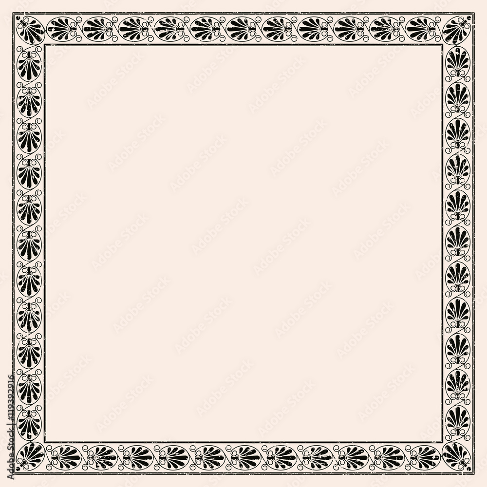 Greek style seamless ornament with corner element and aging effect. Black pattern on a beige background.