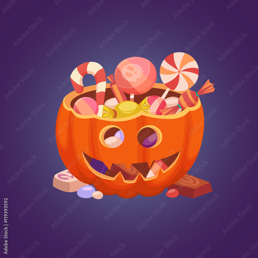 Fototapeta premium Happy Halloween, Pumpkin and sweets, Halloween postcard, Vector Illustration