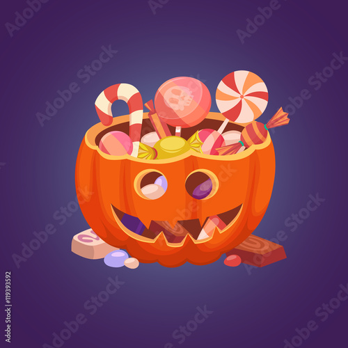 Happy Halloween, Pumpkin and sweets, Halloween postcard, Vector Illustration