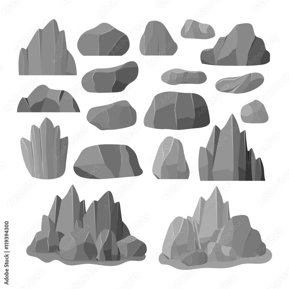 Stones rocks in cartoon style big building mineral pile. Boulder natural  rocks and stones granite rough. Vector illustration rocks and stones nature  boulder geology gray cartoon material. Stock Vector | Adobe Stock