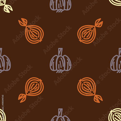 Assorted vegetable vector seamless pattern with gurlic and onion