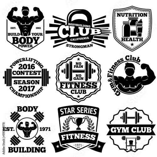 Vector Bodybuilding set of badges, labels with - strong man, barbell, dumbbell, laurel, goblet etc.