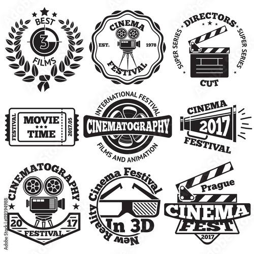 Set of Cinema badges with camera, clapboard, ticket etc. Vector