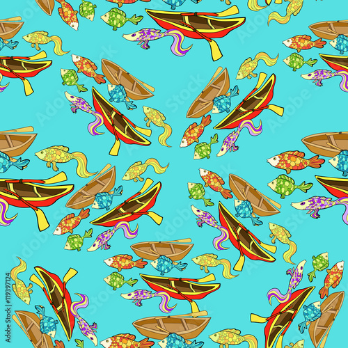 seamless pattern of boat  fishing cartoon on a blue background.