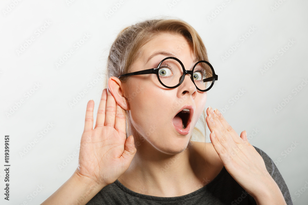 Shocked girl eavesdropping. Shocked girl eavesdropping.