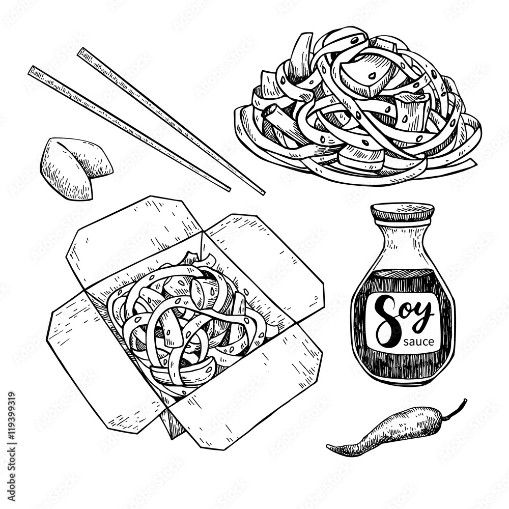 Wok vector drawing set. Isolated chinese box and chopsticks wit vector de  Stock | Adobe Stock
