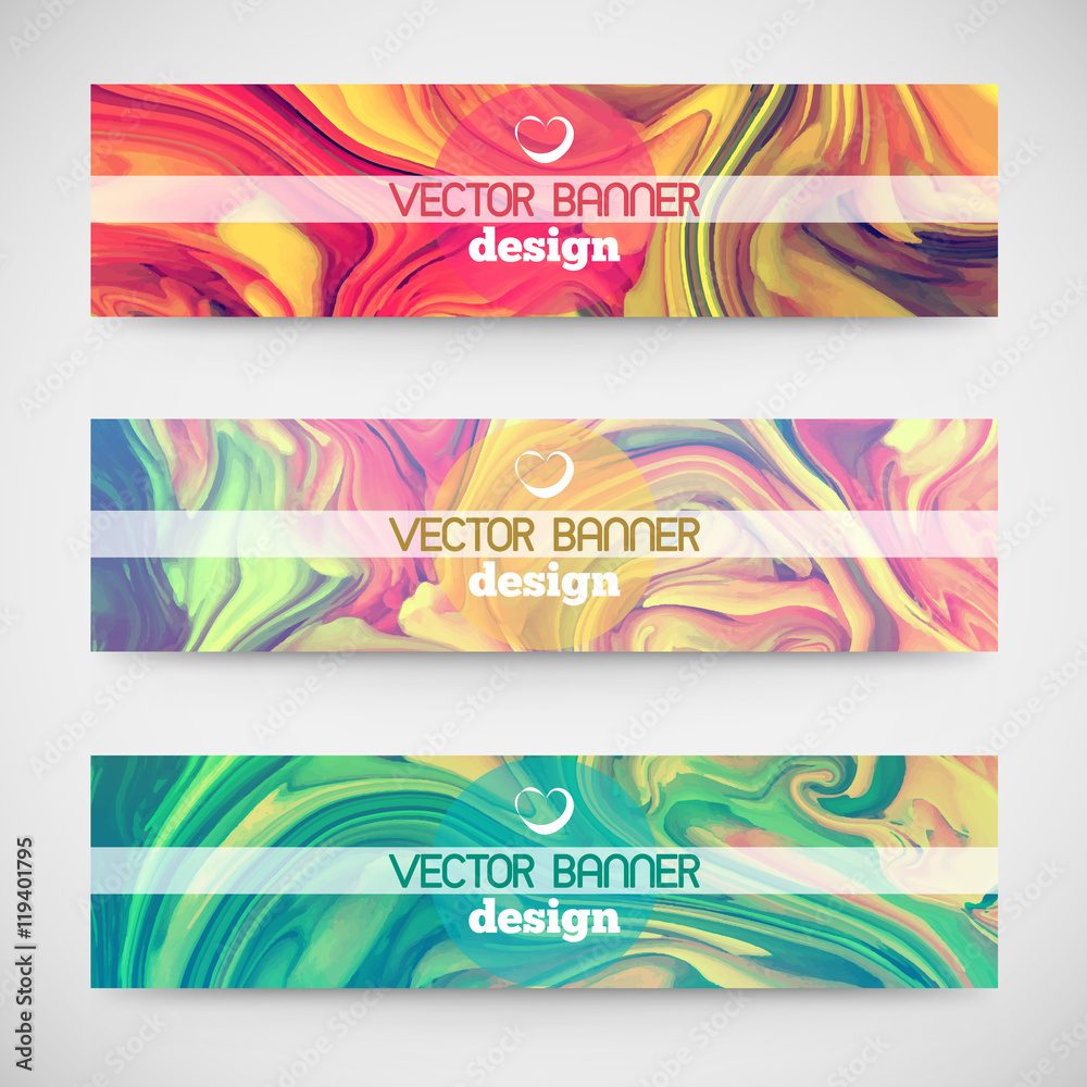Three colorful horizontal banners. Marble texture. Size 468 x 120. Vector illustration, eps10.