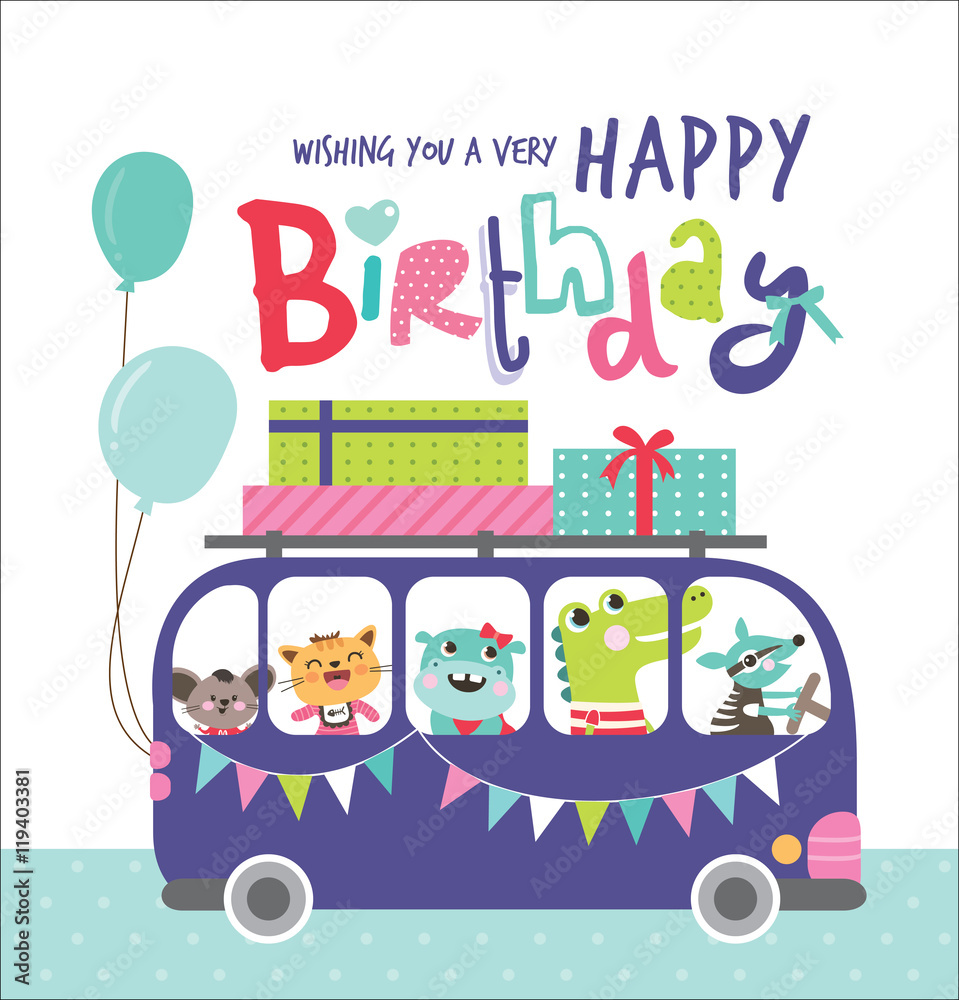 Birthday Card with group of cute animals in a bus Stock Vector | Adobe Stock