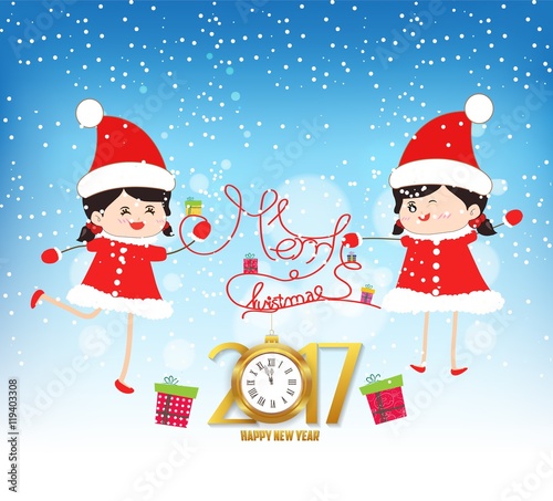 Merry christmas and happy new year 2017 with clock and funny kids