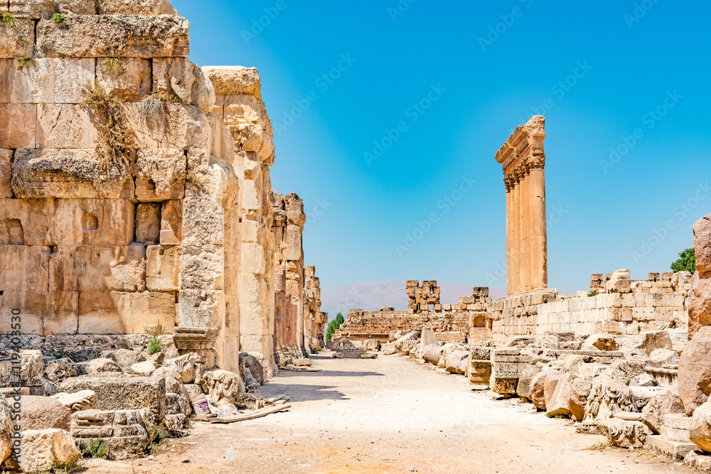 Baalbek in Beqaa Valley, Lebanon. Baalbek is located about 85 km northeast of Beirut and about 75 km north of Damascus. It has led to its designation as a UNESCO World Heritage Site in 1984.