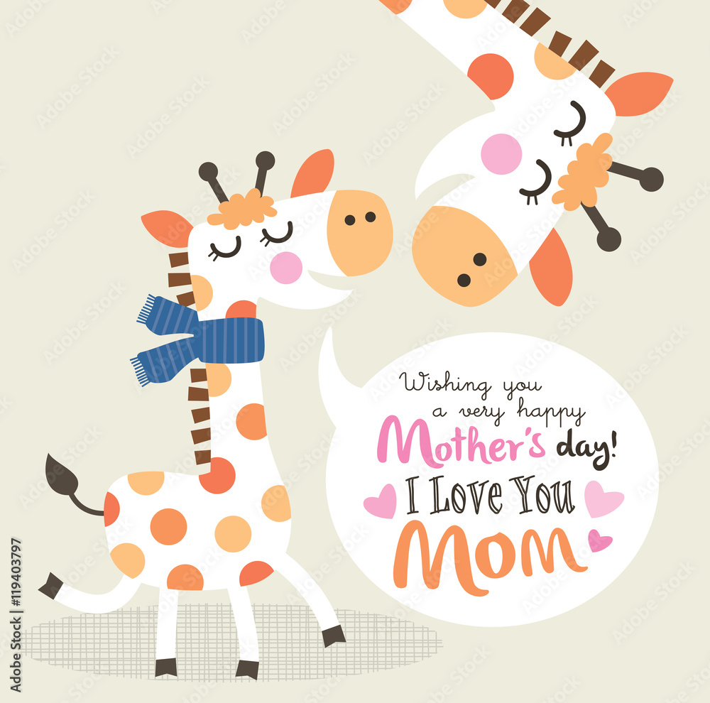 Mother's day greeting card with little giraffe and mother
