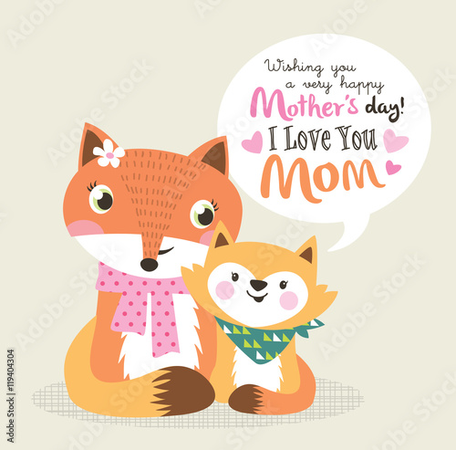 Mother's day greeting card with little fox and mother