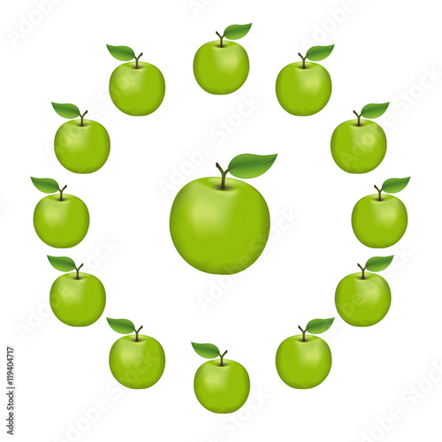 Granny Smith apples in a wheel, fresh, natural, ripe, orchard garden fruit in a circle, isolated on a white background. 
