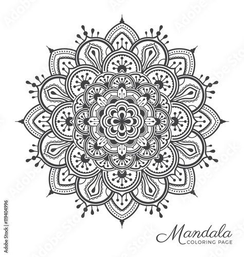 Tibetan mandala decorative ornament design for adult coloring page, greeting card, invitation, tattoo, yoga and spa symbol. Vector illustration