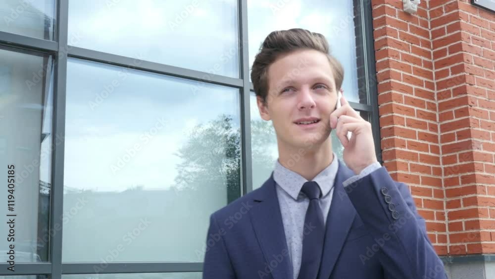 Happy Successful Young Businessman Talking on Phone, Outdoor Happy Successful Young Businessman Talking on Phone, Outdoor
