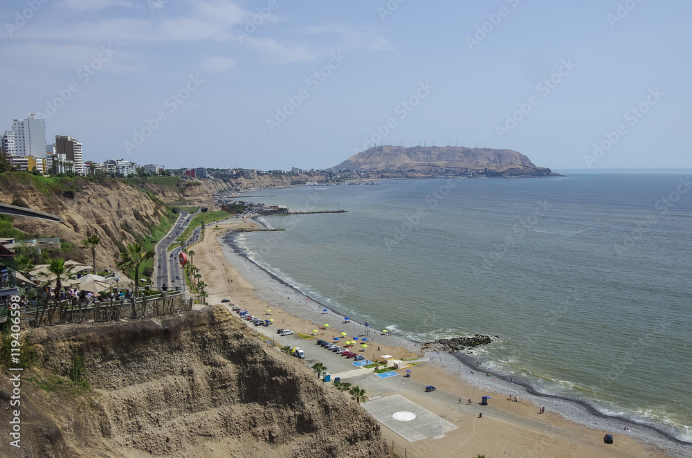 Beautiful view of Lima coastline from Larcomar in Miraflores district, Lima, Peru