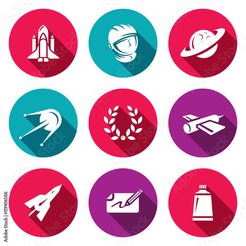 Vector Set of A Space Flight Icons. Spaceport, Outfit, Planet, Research, Glory, Technology, Flying, Autograph, Food.