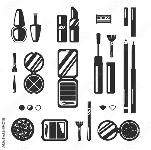 Black monochrome set of decorative cosmetics, vector flat illustration. Beauty store, shop icons