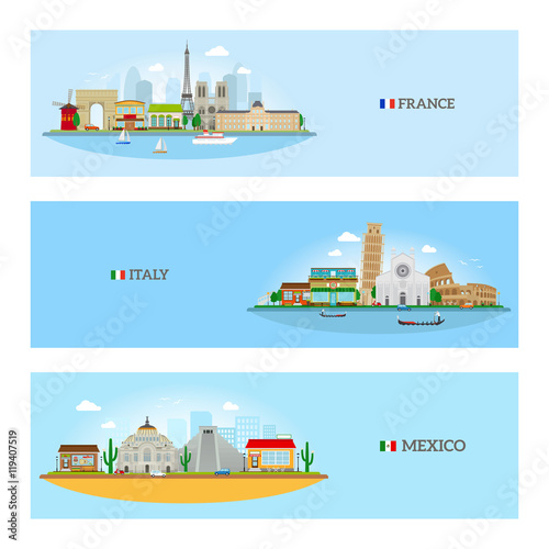 France, Italy and Mexico skyline horizontal banners. Vector illustration