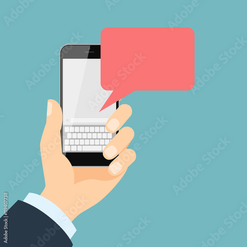 Smartphone with message. Isolated hand holding smartphone with blank template message bubble on white background.