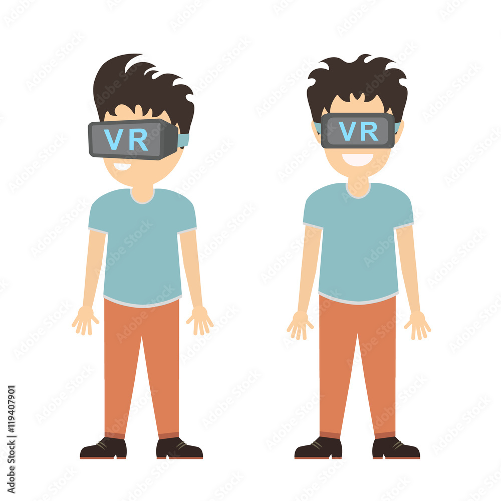 Man in vr set. Smiling teen boy or adult man in vr glasses standing on  white background. Augmented reality and cyberspace. Video game or 3D film.  Stock Vector | Adobe Stock