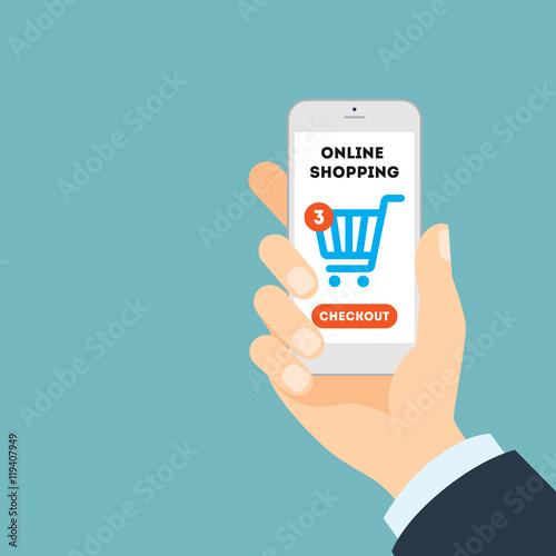 Online shopping concept. Buying products and service through Internet. Shopping cart with checkout button.