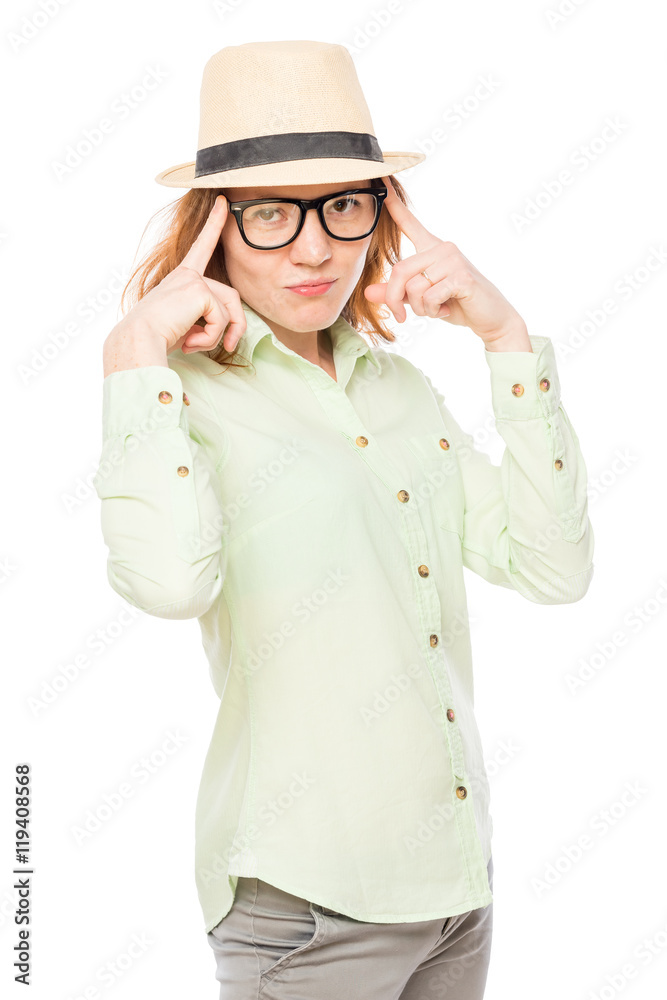 stylish girl corrects glasses on a white background stylish girl corrects glasses on a white background