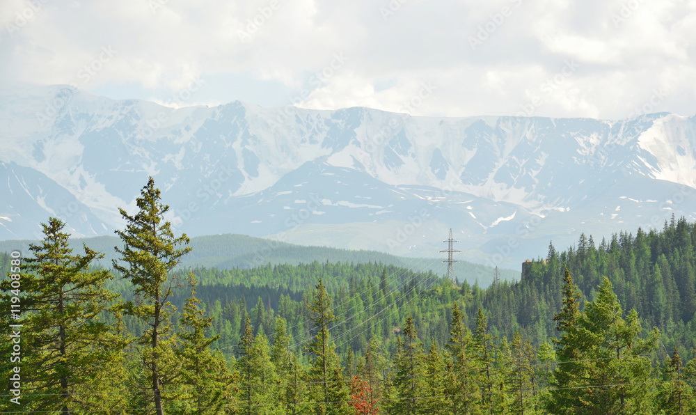 High mountain ridge and snow rocks with forest High mountain ridge and snow rocks with forest