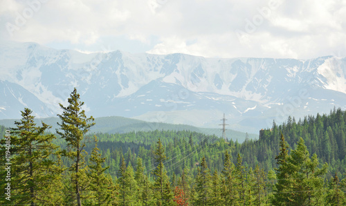 High mountain ridge and snow rocks with forest