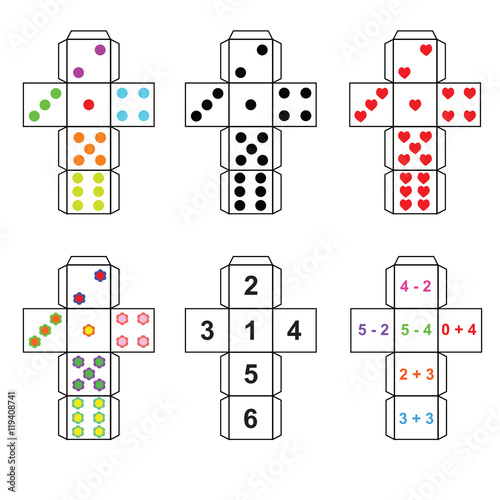 A set of six variants of dice paper template cut out, fold and glue
