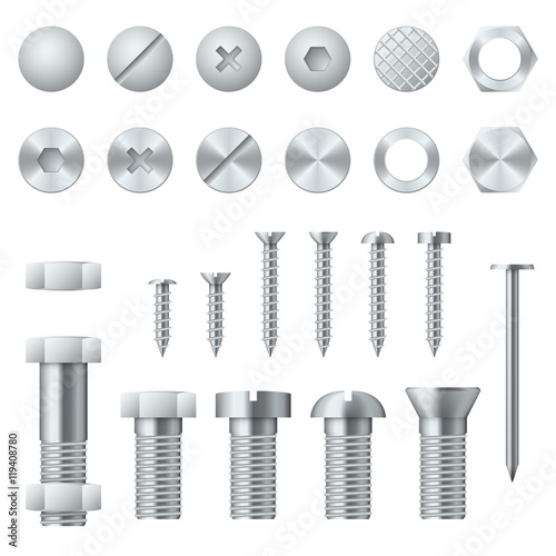 Screws, bolts, nuts, nails and rivets realistic vector design elements