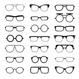 Sunglasses, eyeglasses, geek glasses different model shapes vector silhouettes icons