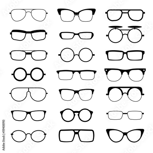 Sunglasses, eyeglasses, geek glasses different model shapes vector silhouettes icons