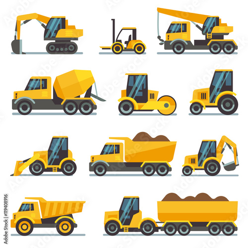 Industrial construction equipment and machinery flat vector icons