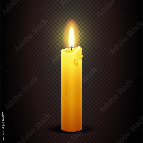Vector candle with flame on transparent checkered dark background, candlelight christmas and birthday card template