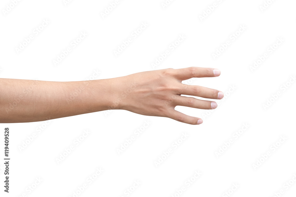 right back hand of a man trying to reach or grab something. fling, touch sign. Reaching out to the left. isolated on white background
