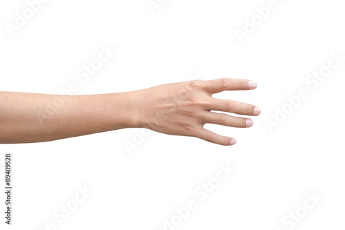 right back hand of a man trying to reach or grab something. fling, touch sign. Reaching out to the left. isolated on white background photo