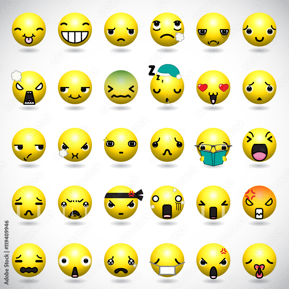 Set of cute smiley emoticons, emoji flat design, vector illustration