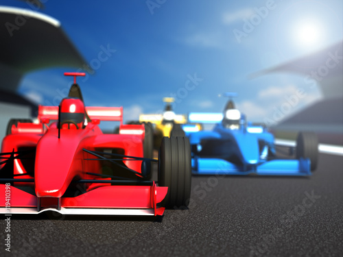 Race cars racing on the track. 3D illustration